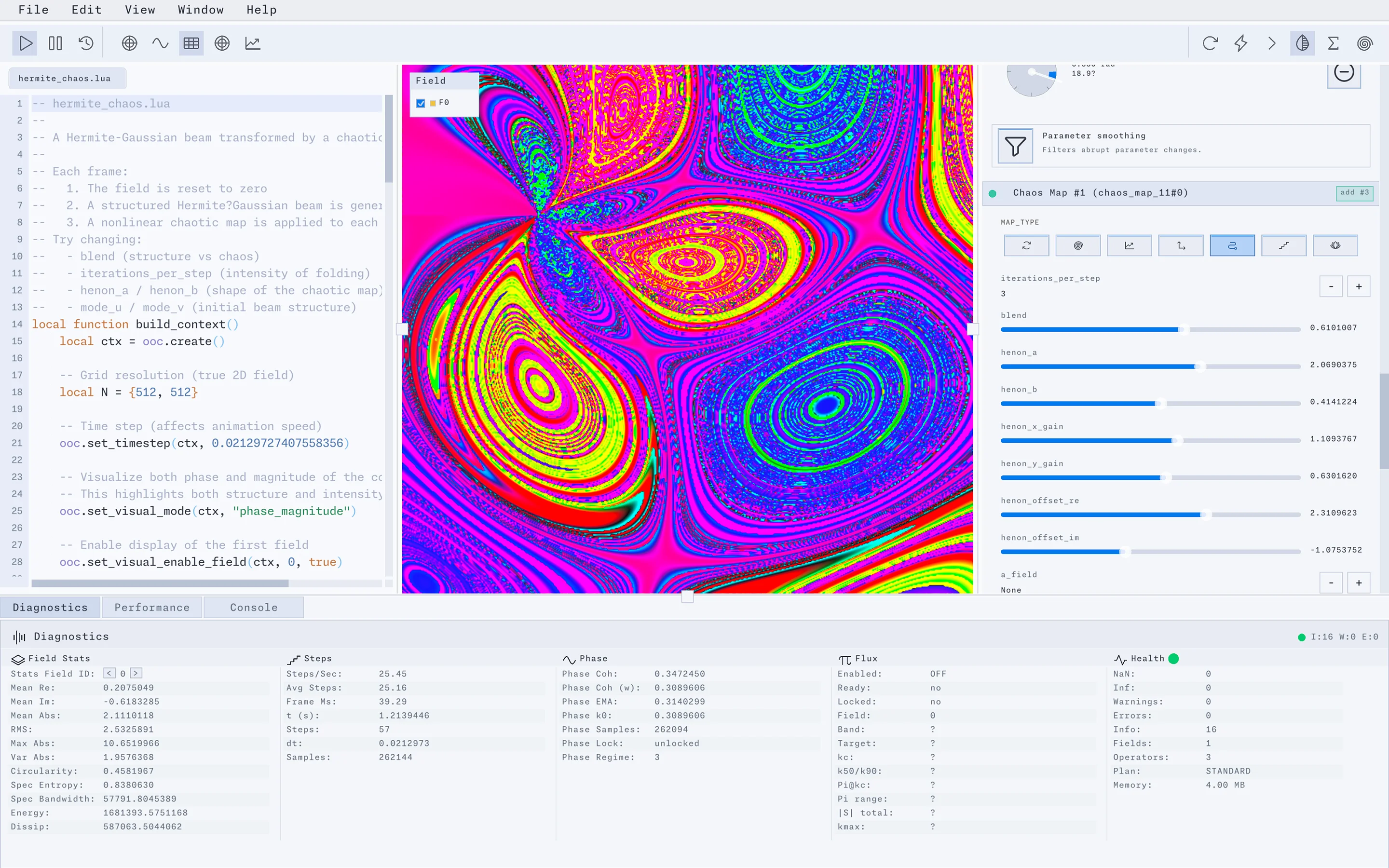 Studio’s Chaos Map panel with map-type buttons, blend and Hénon parameter sliders, and numeric values.