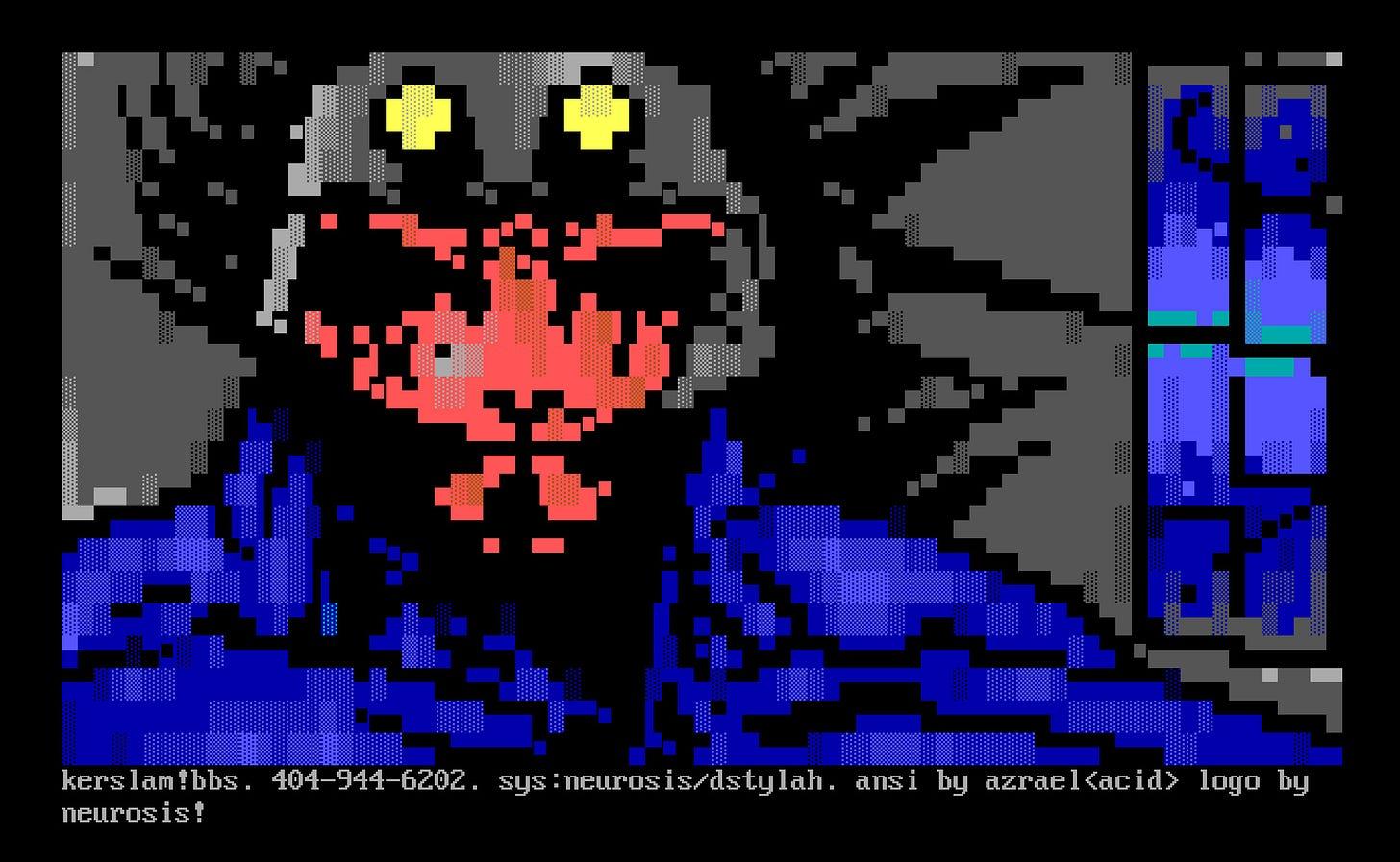 A cat with yellow eyes and a red mouth, rendered in gray, red, and blue ANSI characters for kerslam! BBS.