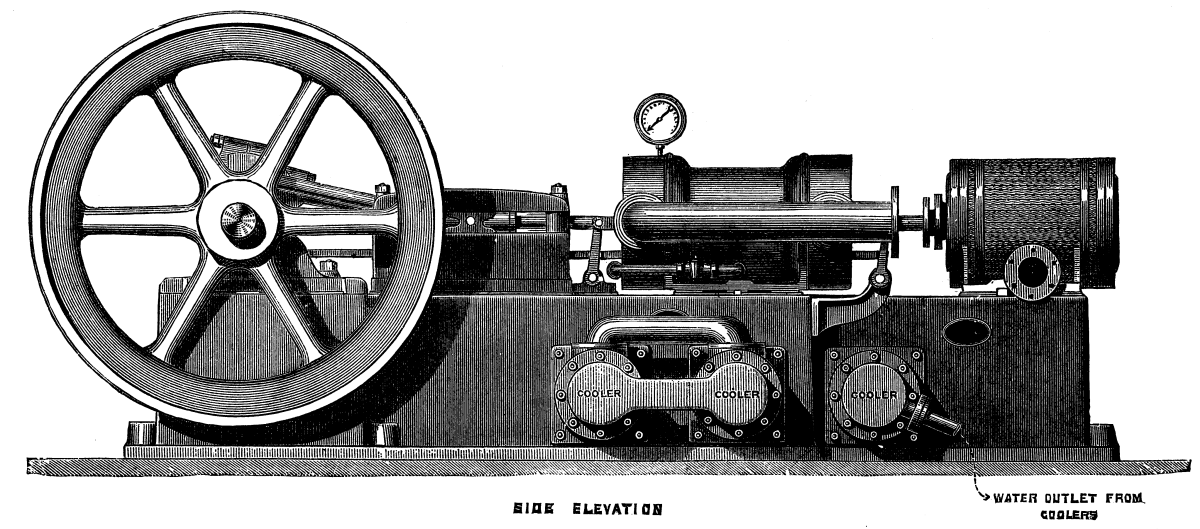 Side elevation of a dry-air refrigerating machine, with a large flywheel at the left.